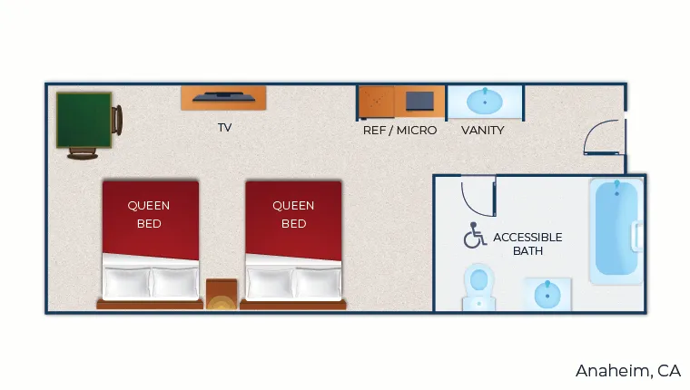 The floor plan for the Double Queen Suite (Accessible Shower) 